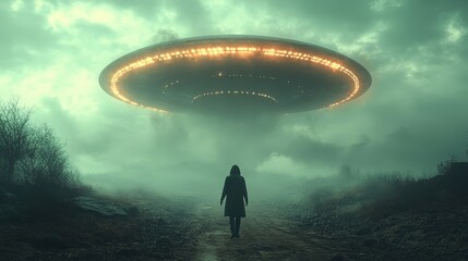 A person is walking through a foggy forest with a large, glowing UFO in the sky