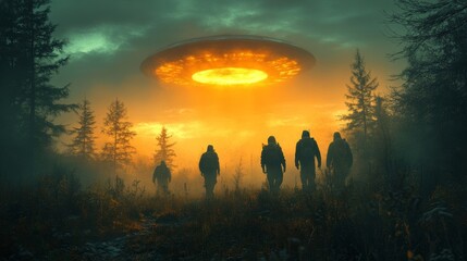 A group of people are walking through a forest with a large