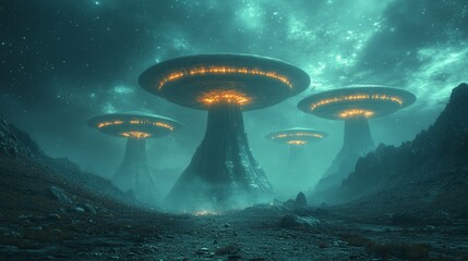 A group of three alien spaceships are hovering over a rocky landscape