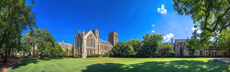 A stunning view of Yale University campus showcasing historic architecture and lush greenery under a clear blue sky during daylight
