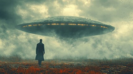 A man stands in a field looking up at a large, alien-like object in the sky