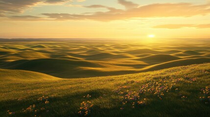 Fototapeta premium A stunning sunset over the Sandhills, casting golden light on the rolling landscape and vibrant wildflowers