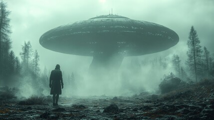 A man is walking through a foggy forest with a large