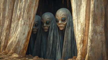 Three alien heads are peeking out from behind a curtain