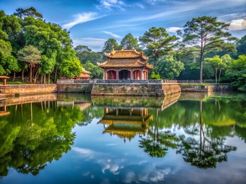 Serene Reflections at Tu Duc King Tomb Lake in Hue, Vietnam - Scenic Landscape, Tranquil Waters, Historical Architecture, Cultural Heritage, Nature Beauty, Travel Destination, Photography Bliss