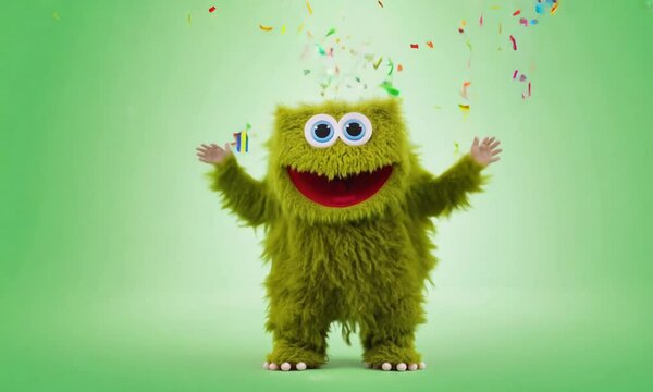 Cheerful fuzzy green monster with big blue eyes and a red mouth posing with open arms on green background