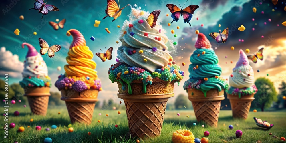 Poster a symphony of colors and textures, a whimsical gathering of ice cream cones adorned with sprinkles a