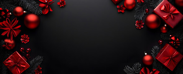 Merry Christmas and Happy Holidays greeting card, banner. New Year. Noel. Christmas red ornaments and gifts on black background top view. Winter xmas holiday theme.
