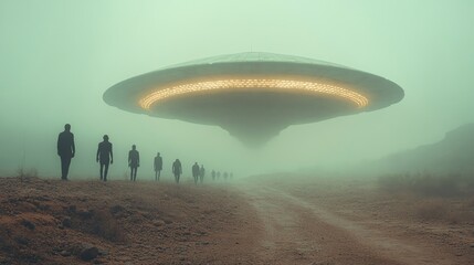 A group of people are walking on a dirt road in front of a large