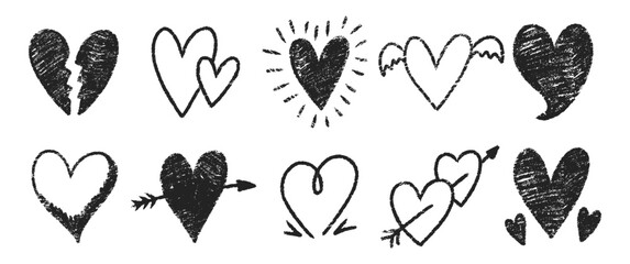 Set of hearts with chalk, pastel or crayon texture. Hand drawn vector illustration.