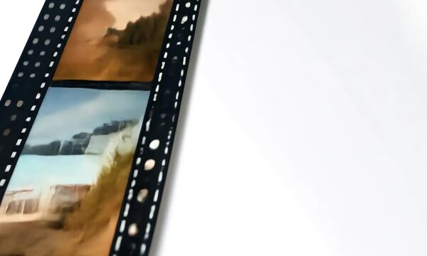 Close-up view of a filmstrip featuring serene landscape scenes, evoking nostalgia and cinematic memories