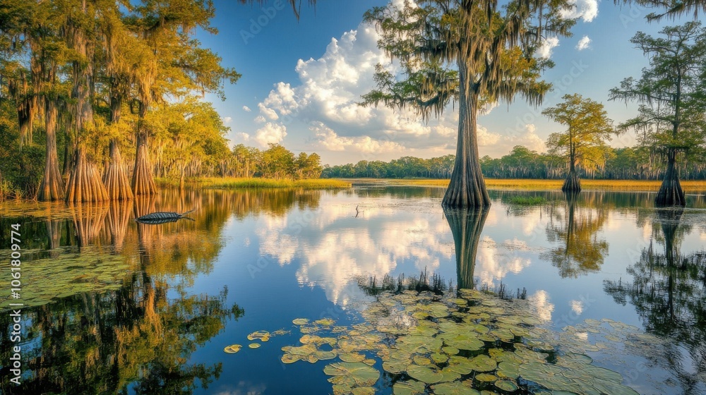 Poster a tranquil moment in the okefenokee swamp showcasing stunning reflections at sunset among towering c