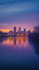 Fototapeta premium A stunning twilight view of downtown Indianapolis illuminated by city lights reflecting on the serene waters of the river