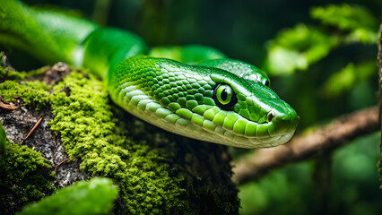 Obraz premium A green snake is on a mossy log