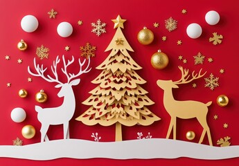 Naklejka premium 3D paper art-style Christmas background with a white and gold Christmas tree, deer hanging golden balls on a red wall, Happy New Year, Merry Christmas