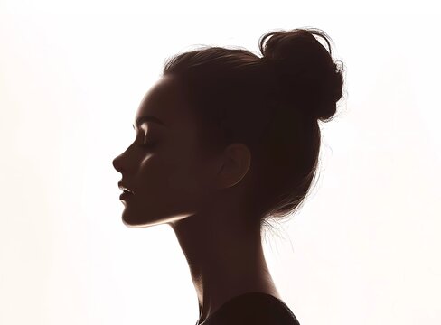 Silhouette of a beautiful woman with a hair bun, side view, isolated on a white background.
