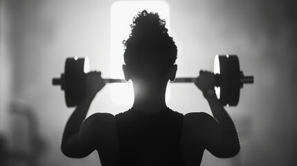A silhouette of a person lifting weights in a dimly lit gym, emphasizing strength and determination.