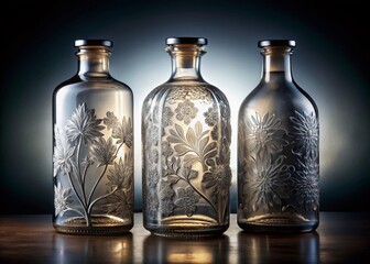 Set of Three Engraved Glass Bottles in Low Light Photography, Isolated on Transparent Background, Elegant Vintage Style, High Detail, Decorative Home Decor, Unique Design