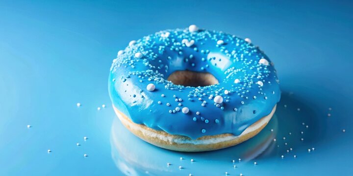 A single blue glazed donut covered in white sprinkles sits on a bright blue background. The donut is in focus and the background is slightly blurred.