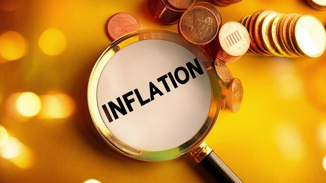 Magnifying glass showing inflation text with euro coins on yellow background