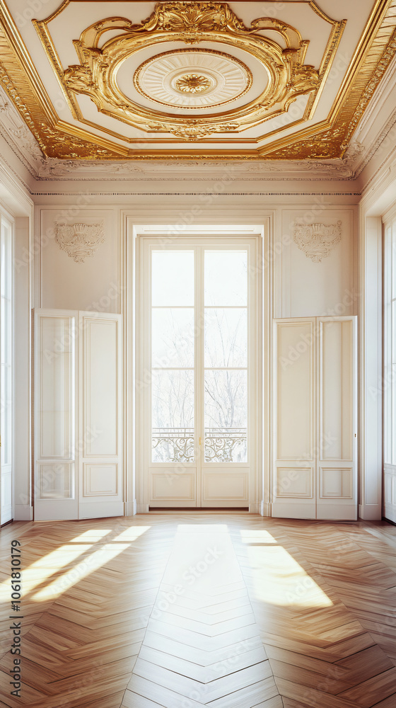 Poster empty room with ornate ceiling and parquet floor bathed in sunlight from tall window