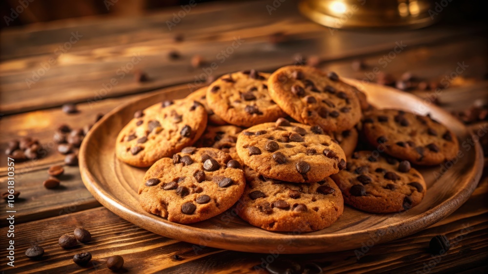 Poster a stack of freshly baked chocolate chip cookies on a wooden plate, surrounded by coffee beans, creat
