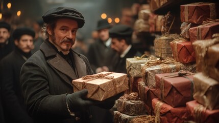Boxing day traditions, victorian-style scene showing workers receiving Boxing Day gift boxes, evoking nostalgia of the holidays historical roots