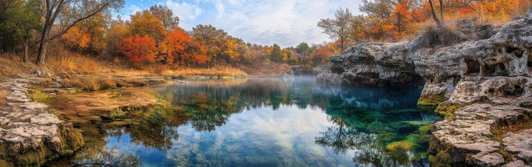 Experience the tranquility of Chickasaw National Recreation Area with vibrant autumn colors mirrored on a serene body of water