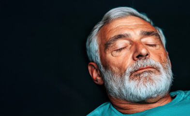 Obraz premium A serene elderly man with a gray beard, resting with his eyes closed, wearing a light-colored top against a dark background.