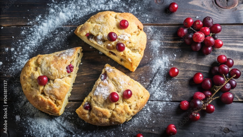 Poster freshly baked scones with cranberries and powdered sugar on rustic wooden surface