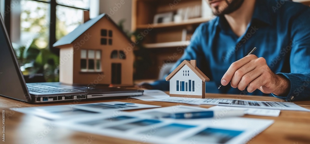 Poster a man reviewing financial documents and a house model while working on a laptop.