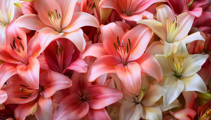Obraz premium lily flowers, Creative background design, focus on the pile of fresh lily flowers