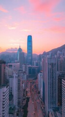 Obraz premium A stunning skyline view at dusk showcasing skyscrapers and city lights with a vibrant sunset in a bustling metropolis