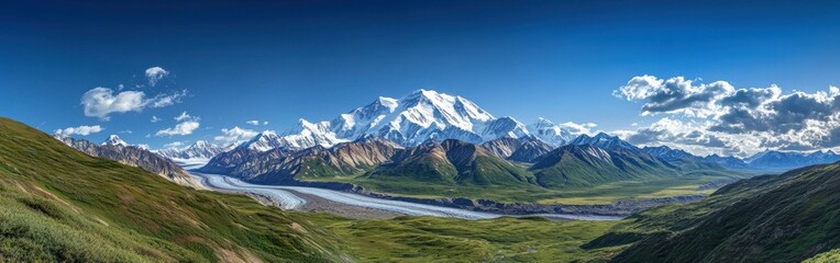 Obraz premium A stunning view of Denali, the tallest peak in North America, surrounded by lush valleys and rivers under a vibrant sky