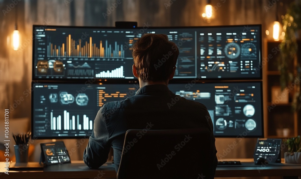 Poster A man sits at a desk in front of two large monitors displaying data and graphs, looking at the screens.