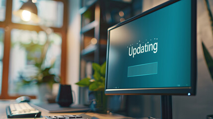 Close-up of computer screen showing software update progress bar with "Updating" text, keyboard and mouse visible in blurred background, modern technology and digital transformation concept.