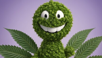 A whimsical creature crafted entirely from green marijuana leaves, exuding a playful and natural vibe