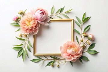 Square Golden Frame with Peonies and Minimalist Abstract Shapes for Elegant Food Photography