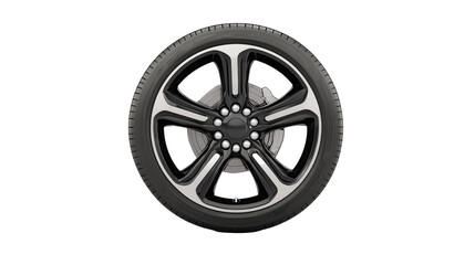 Obraz premium A sleek black alloy wheel with a modern design, featuring five spokes and a polished finish, set against a white background.