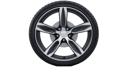 Fototapeta premium A sleek, modern alloy wheel featuring five spokes, set against a white background, showcasing its design and craftsmanship.