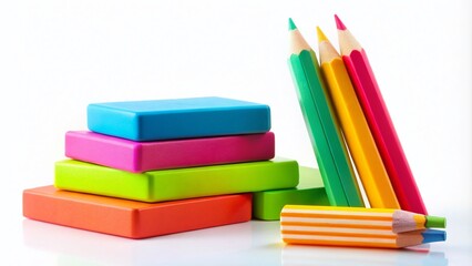 Fototapeta premium Stack of Colorful Stationery Erasers and Pencils for Kids on White Background – Perfect for School Supplies and Creative Projects