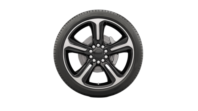 A sleek black alloy wheel with a modern design, featuring five spokes and a polished finish, set against a white background.