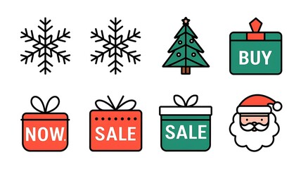 Christmas Holiday Sale Icons with Snowflakes, Christmas Tree, and Santa Claus