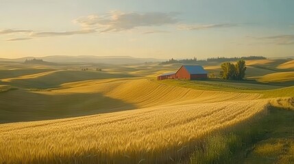Fototapeta premium A stunning sunset casting golden light over rolling hills and a rustic farm in the countryside