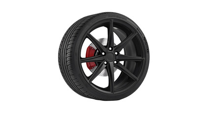 Obraz premium A sleek, black alloy wheel with intricate spokes and a visible red brake caliper, set against a white background.