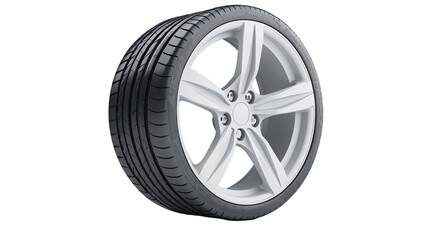 Obraz premium A sleek, modern alloy wheel showcasing intricate designs and strong tire tread, set against a white background.