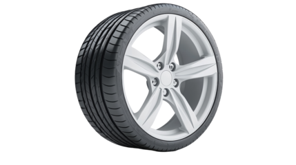 A sleek, modern alloy wheel showcasing intricate designs and strong tire tread, set against a white background.