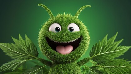 Marijuana leaf creature with a warm smile, cartoonish design, and a relaxed, happy vibe, embodying a peaceful mood