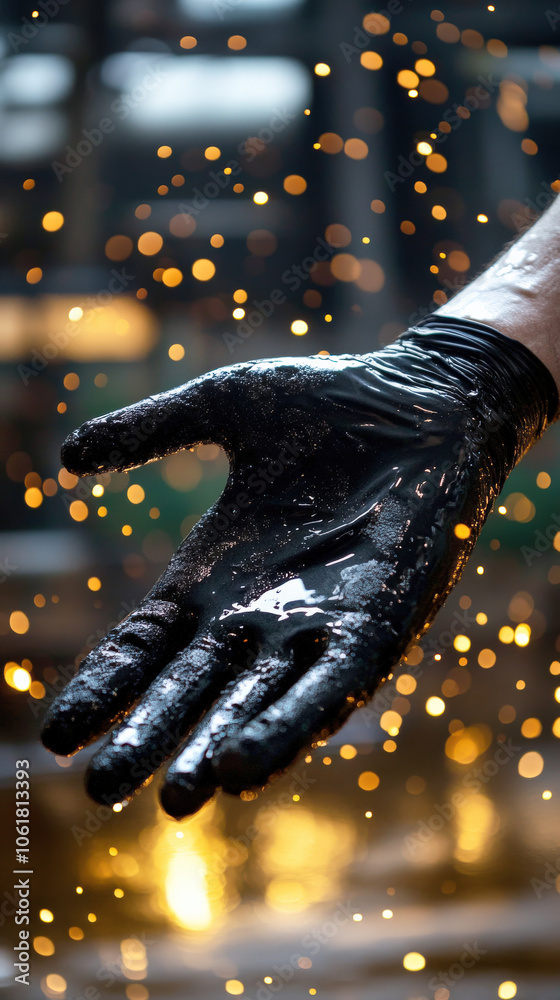 Poster A hand wearing a black glove is extended, surrounded by sparkling particles, creating a dynamic and artistic effect.