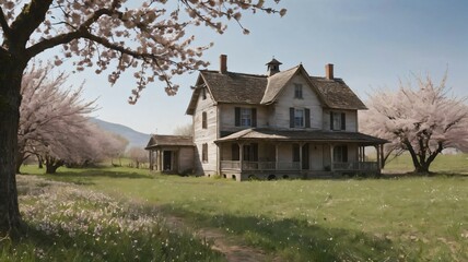 Old farmhouse surrounded by blooming cherry trees